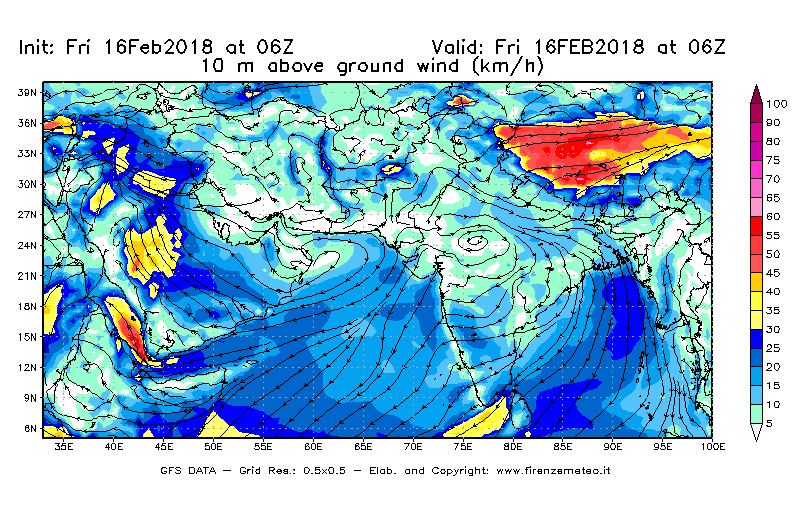 Mappa di analisi GFS - Velocità del vento a 10 metri dal suolo [km/h] in Asia Sud-Occidentale
							del 16/02/2018 06 <!--googleoff: index-->UTC<!--googleon: index-->