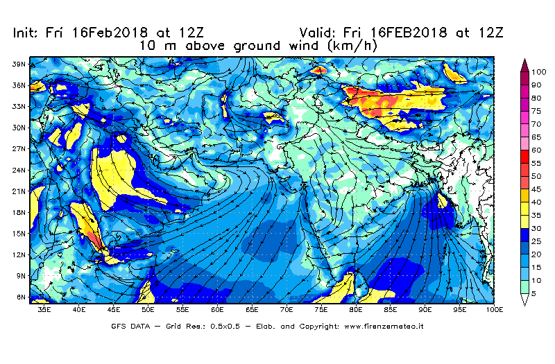 Mappa di analisi GFS - Velocità del vento a 10 metri dal suolo [km/h] in Asia Sud-Occidentale
							del 16/02/2018 12 <!--googleoff: index-->UTC<!--googleon: index-->