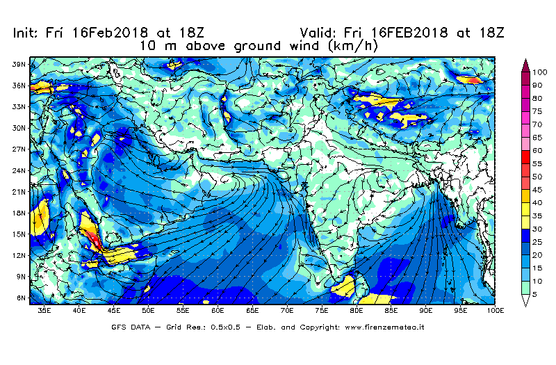 Mappa di analisi GFS - Velocità del vento a 10 metri dal suolo [km/h] in Asia Sud-Occidentale
							del 16/02/2018 18 <!--googleoff: index-->UTC<!--googleon: index-->