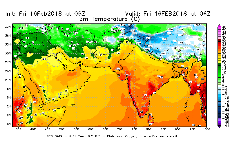 Mappa di analisi GFS - Temperatura a 2 metri dal suolo [°C] in Asia Sud-Occidentale
							del 16/02/2018 06 <!--googleoff: index-->UTC<!--googleon: index-->