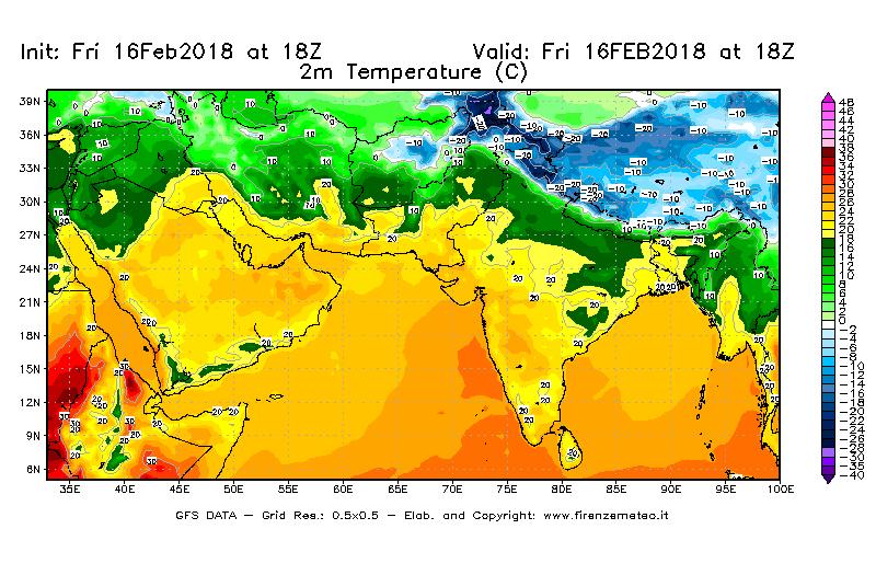 Mappa di analisi GFS - Temperatura a 2 metri dal suolo [°C] in Asia Sud-Occidentale
							del 16/02/2018 18 <!--googleoff: index-->UTC<!--googleon: index-->