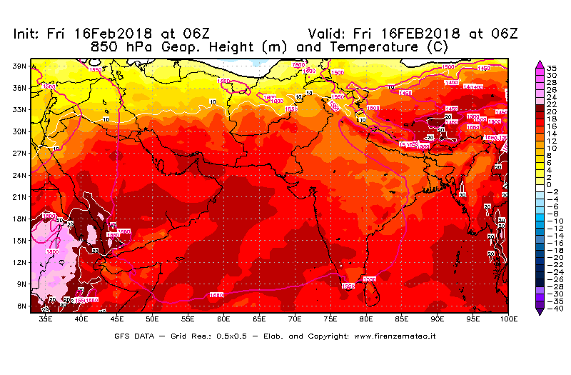 Mappa di analisi GFS - Geopotenziale [m] e Temperatura [°C] a 850 hPa in Asia Sud-Occidentale
							del 16/02/2018 06 <!--googleoff: index-->UTC<!--googleon: index-->