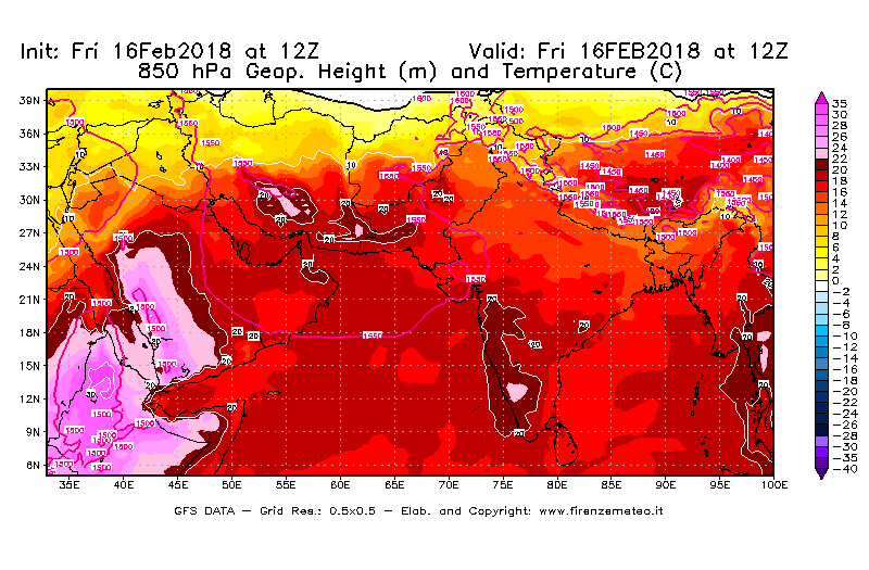 Mappa di analisi GFS - Geopotenziale [m] e Temperatura [°C] a 850 hPa in Asia Sud-Occidentale
							del 16/02/2018 12 <!--googleoff: index-->UTC<!--googleon: index-->
