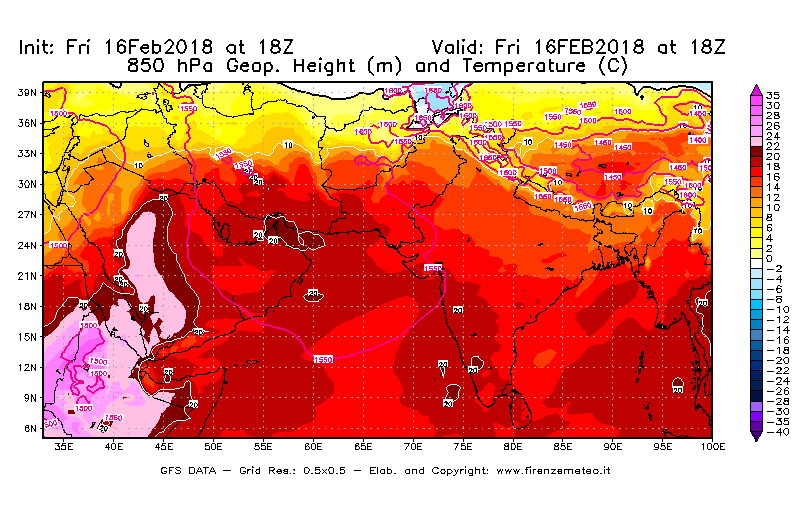Mappa di analisi GFS - Geopotenziale [m] e Temperatura [°C] a 850 hPa in Asia Sud-Occidentale
							del 16/02/2018 18 <!--googleoff: index-->UTC<!--googleon: index-->
