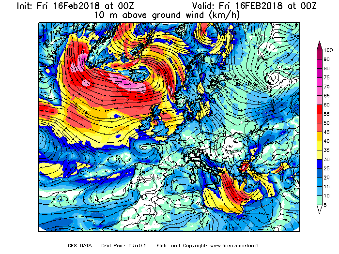 Mappa di analisi GFS - Velocità del vento a 10 metri dal suolo [km/h] in Europa
							del 16/02/2018 00 <!--googleoff: index-->UTC<!--googleon: index-->
