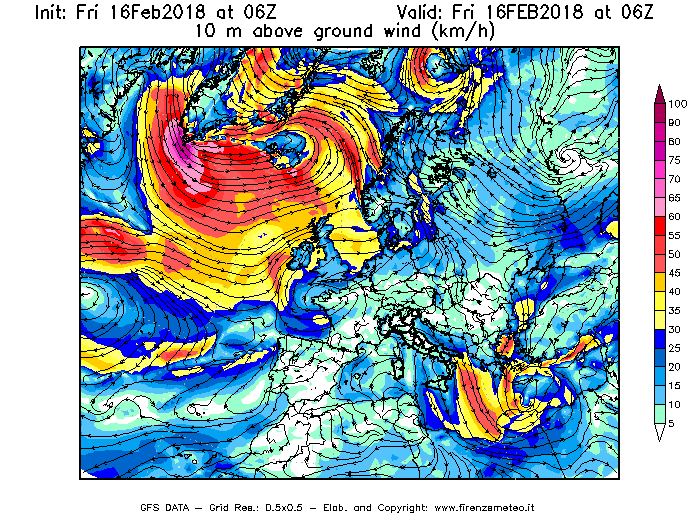 Mappa di analisi GFS - Velocità del vento a 10 metri dal suolo [km/h] in Europa
							del 16/02/2018 06 <!--googleoff: index-->UTC<!--googleon: index-->