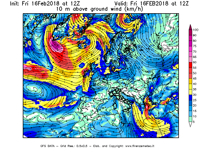 Mappa di analisi GFS - Velocità del vento a 10 metri dal suolo [km/h] in Europa
							del 16/02/2018 12 <!--googleoff: index-->UTC<!--googleon: index-->
