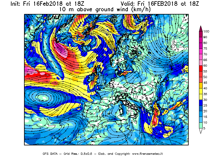 Mappa di analisi GFS - Velocità del vento a 10 metri dal suolo [km/h] in Europa
							del 16/02/2018 18 <!--googleoff: index-->UTC<!--googleon: index-->