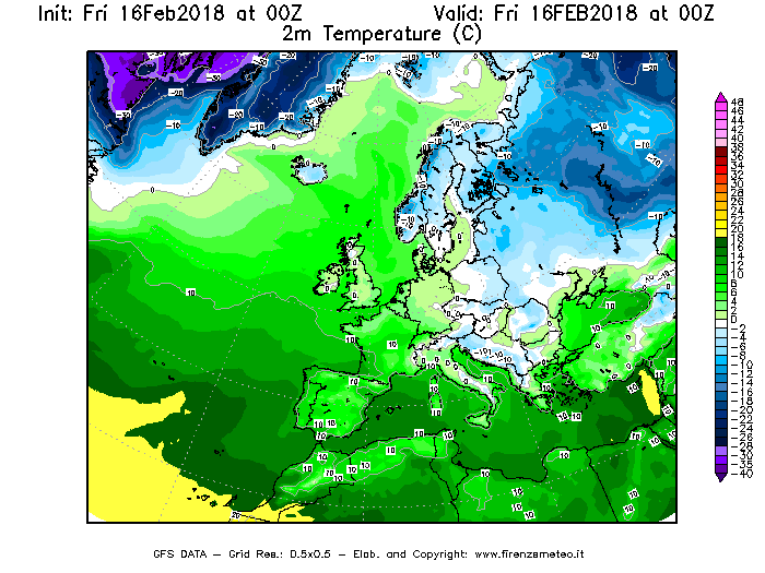 Mappa di analisi GFS - Temperatura a 2 metri dal suolo [°C] in Europa
							del 16/02/2018 00 <!--googleoff: index-->UTC<!--googleon: index-->