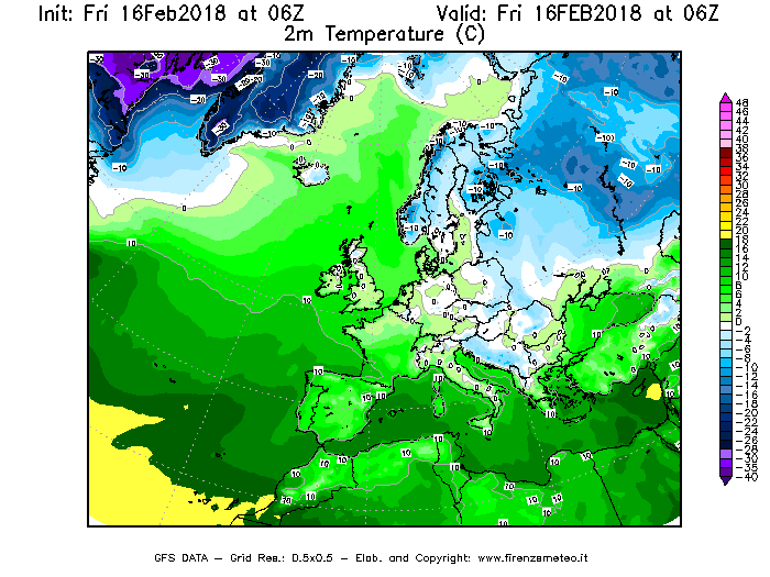 Mappa di analisi GFS - Temperatura a 2 metri dal suolo [°C] in Europa
							del 16/02/2018 06 <!--googleoff: index-->UTC<!--googleon: index-->
