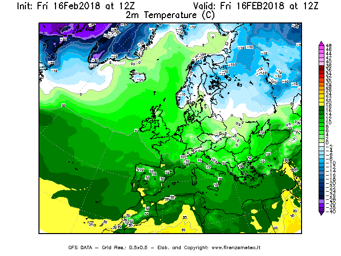 Mappa di analisi GFS - Temperatura a 2 metri dal suolo [°C] in Europa
							del 16/02/2018 12 <!--googleoff: index-->UTC<!--googleon: index-->