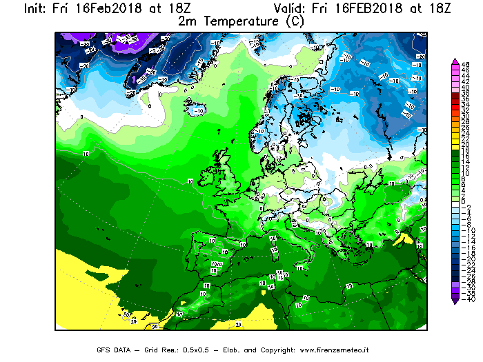 Mappa di analisi GFS - Temperatura a 2 metri dal suolo [°C] in Europa
							del 16/02/2018 18 <!--googleoff: index-->UTC<!--googleon: index-->