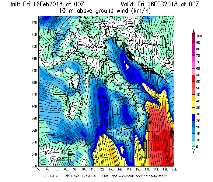 Mappa di analisi GFS - Velocità del vento a 10 metri dal suolo [km/h] in Italia
							del 16/02/2018 00 <!--googleoff: index-->UTC<!--googleon: index-->