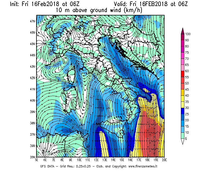 Mappa di analisi GFS - Velocità del vento a 10 metri dal suolo [km/h] in Italia
							del 16/02/2018 06 <!--googleoff: index-->UTC<!--googleon: index-->