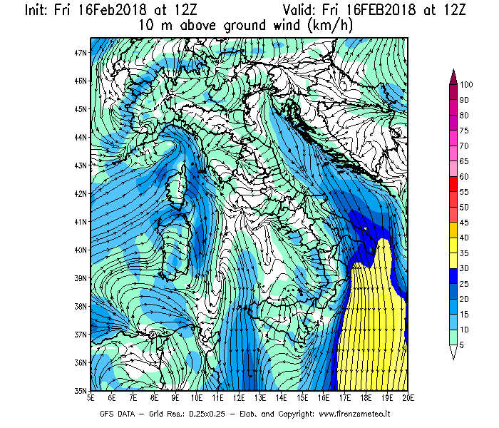 Mappa di analisi GFS - Velocità del vento a 10 metri dal suolo [km/h] in Italia
							del 16/02/2018 12 <!--googleoff: index-->UTC<!--googleon: index-->