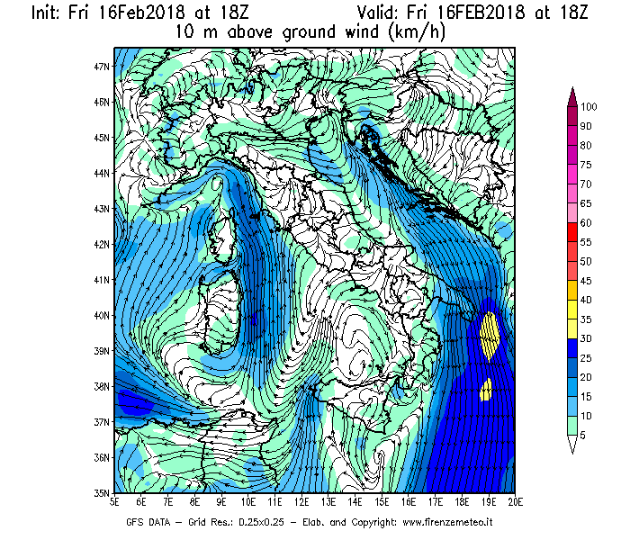 Mappa di analisi GFS - Velocità del vento a 10 metri dal suolo [km/h] in Italia
							del 16/02/2018 18 <!--googleoff: index-->UTC<!--googleon: index-->