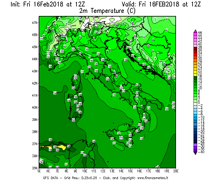 Mappa di analisi GFS - Temperatura a 2 metri dal suolo [°C] in Italia
							del 16/02/2018 12 <!--googleoff: index-->UTC<!--googleon: index-->