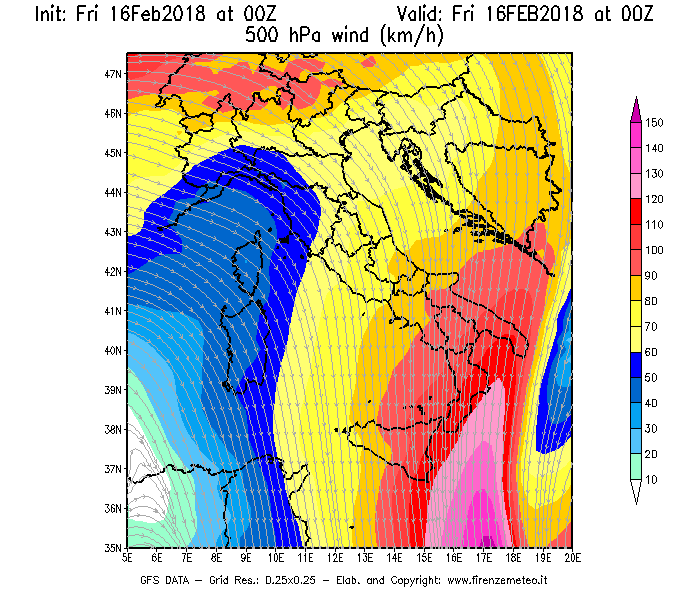 Mappa di analisi GFS - Velocità del vento a 500 hPa [km/h] in Italia
							del 16/02/2018 00 <!--googleoff: index-->UTC<!--googleon: index-->