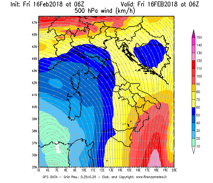 Mappa di analisi GFS - Velocità del vento a 500 hPa [km/h] in Italia
							del 16/02/2018 06 <!--googleoff: index-->UTC<!--googleon: index-->