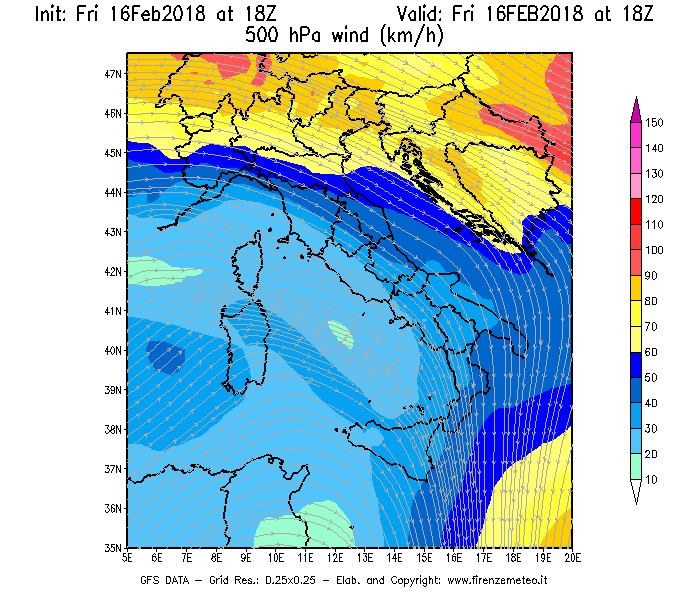 Mappa di analisi GFS - Velocità del vento a 500 hPa [km/h] in Italia
							del 16/02/2018 18 <!--googleoff: index-->UTC<!--googleon: index-->