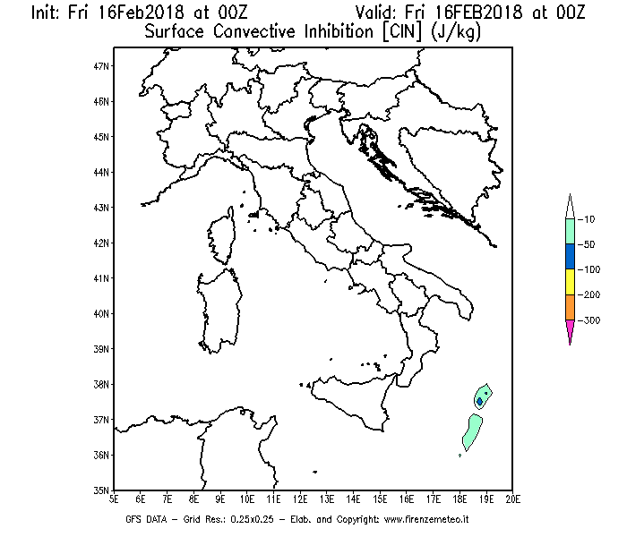 Mappa di analisi GFS - CIN [J/kg] in Italia
							del 16/02/2018 00 <!--googleoff: index-->UTC<!--googleon: index-->