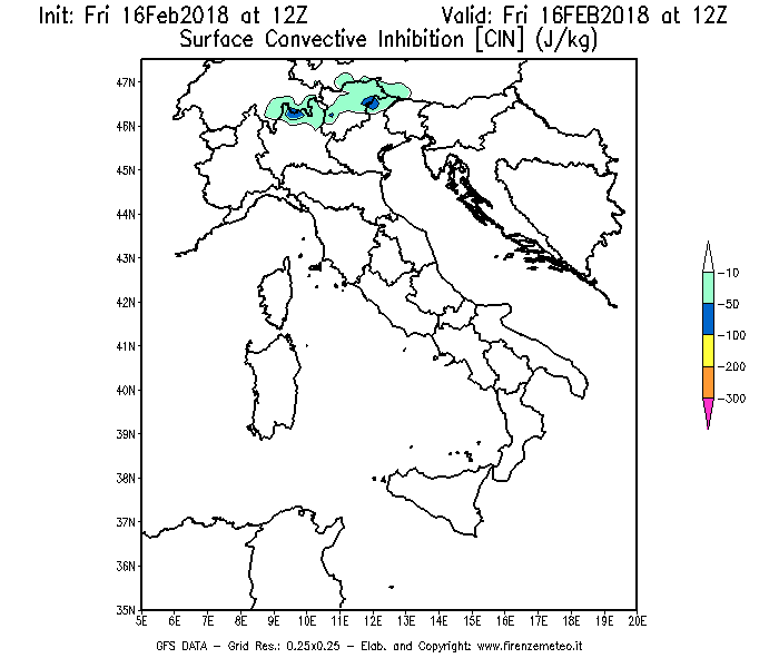 Mappa di analisi GFS - CIN [J/kg] in Italia
							del 16/02/2018 12 <!--googleoff: index-->UTC<!--googleon: index-->