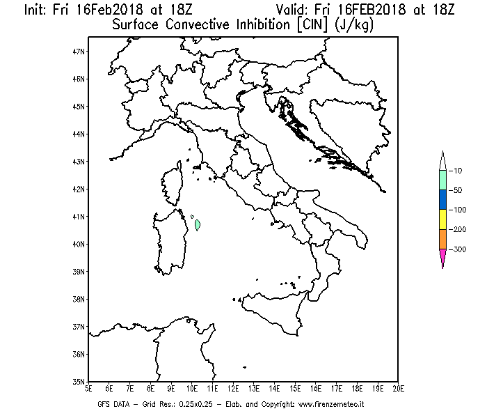 Mappa di analisi GFS - CIN [J/kg] in Italia
							del 16/02/2018 18 <!--googleoff: index-->UTC<!--googleon: index-->