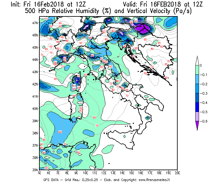 Mappa di analisi GFS - Umidità relativa [%] e Omega [Pa/s] a 500 hPa in Italia
							del 16/02/2018 12 <!--googleoff: index-->UTC<!--googleon: index-->