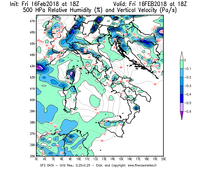 Mappa di analisi GFS - Umidità relativa [%] e Omega [Pa/s] a 500 hPa in Italia
							del 16/02/2018 18 <!--googleoff: index-->UTC<!--googleon: index-->