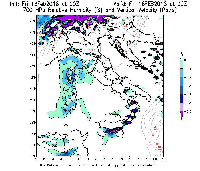 Mappa di analisi GFS - Umidità relativa [%] e Omega [Pa/s] a 700 hPa in Italia
							del 16/02/2018 00 <!--googleoff: index-->UTC<!--googleon: index-->