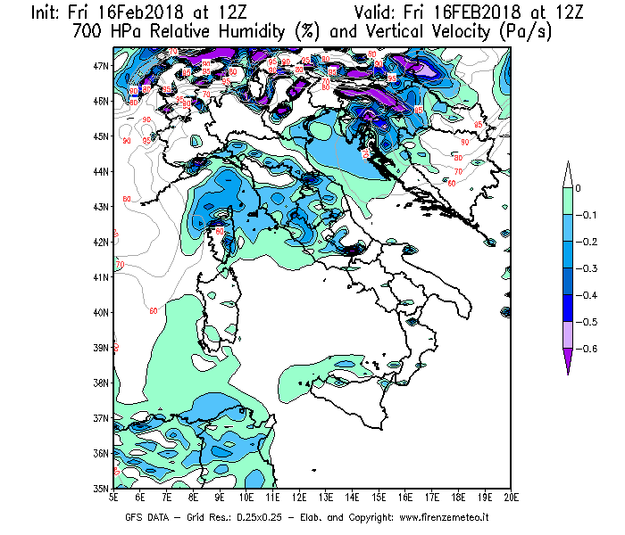 Mappa di analisi GFS - Umidità relativa [%] e Omega [Pa/s] a 700 hPa in Italia
							del 16/02/2018 12 <!--googleoff: index-->UTC<!--googleon: index-->