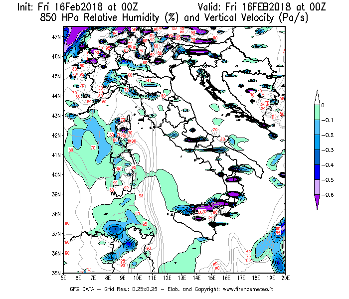 Mappa di analisi GFS - Umidità relativa [%] e Omega [Pa/s] a 850 hPa in Italia
							del 16/02/2018 00 <!--googleoff: index-->UTC<!--googleon: index-->