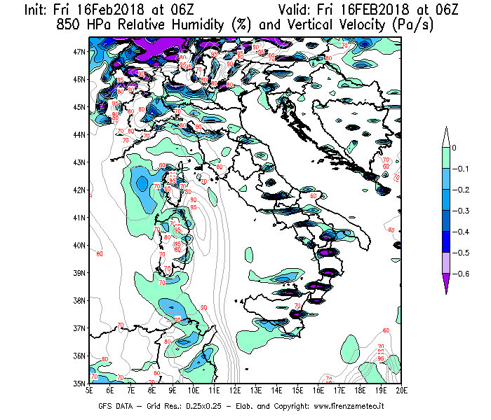 Mappa di analisi GFS - Umidità relativa [%] e Omega [Pa/s] a 850 hPa in Italia
							del 16/02/2018 06 <!--googleoff: index-->UTC<!--googleon: index-->