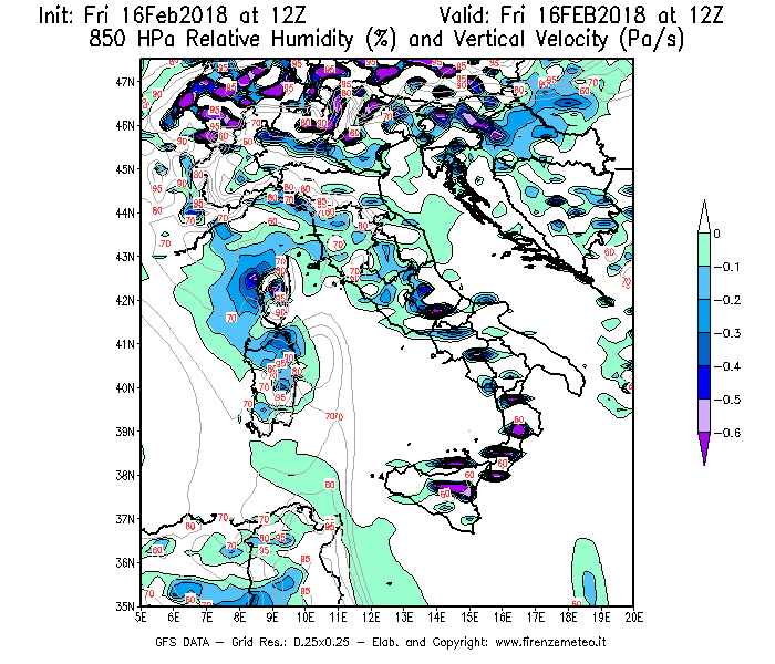 Mappa di analisi GFS - Umidità relativa [%] e Omega [Pa/s] a 850 hPa in Italia
							del 16/02/2018 12 <!--googleoff: index-->UTC<!--googleon: index-->
