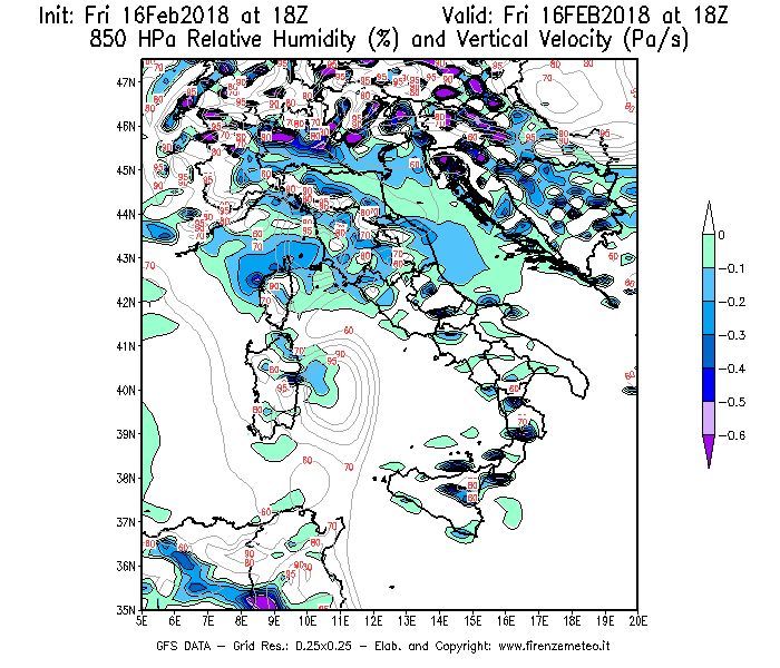 Mappa di analisi GFS - Umidità relativa [%] e Omega [Pa/s] a 850 hPa in Italia
							del 16/02/2018 18 <!--googleoff: index-->UTC<!--googleon: index-->