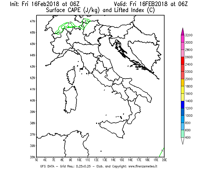 Mappa di analisi GFS - CAPE [J/kg] e Lifted Index [°C] in Italia
							del 16/02/2018 06 <!--googleoff: index-->UTC<!--googleon: index-->