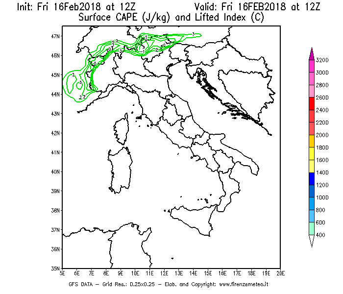 Mappa di analisi GFS - CAPE [J/kg] e Lifted Index [°C] in Italia
							del 16/02/2018 12 <!--googleoff: index-->UTC<!--googleon: index-->