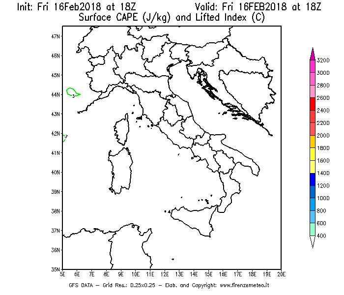 Mappa di analisi GFS - CAPE [J/kg] e Lifted Index [°C] in Italia
							del 16/02/2018 18 <!--googleoff: index-->UTC<!--googleon: index-->