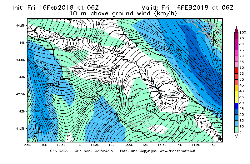 Mappa di analisi GFS - Velocità del vento a 10 metri dal suolo [km/h] in Centro-Italia
							del 16/02/2018 06 <!--googleoff: index-->UTC<!--googleon: index-->