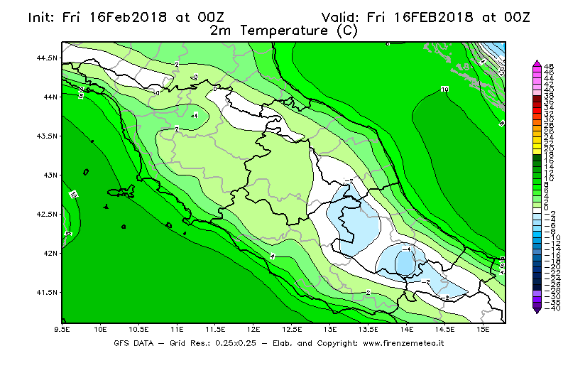 Mappa di analisi GFS - Temperatura a 2 metri dal suolo [°C] in Centro-Italia
							del 16/02/2018 00 <!--googleoff: index-->UTC<!--googleon: index-->