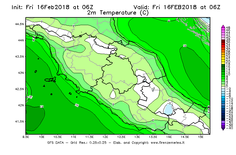 Mappa di analisi GFS - Temperatura a 2 metri dal suolo [°C] in Centro-Italia
							del 16/02/2018 06 <!--googleoff: index-->UTC<!--googleon: index-->