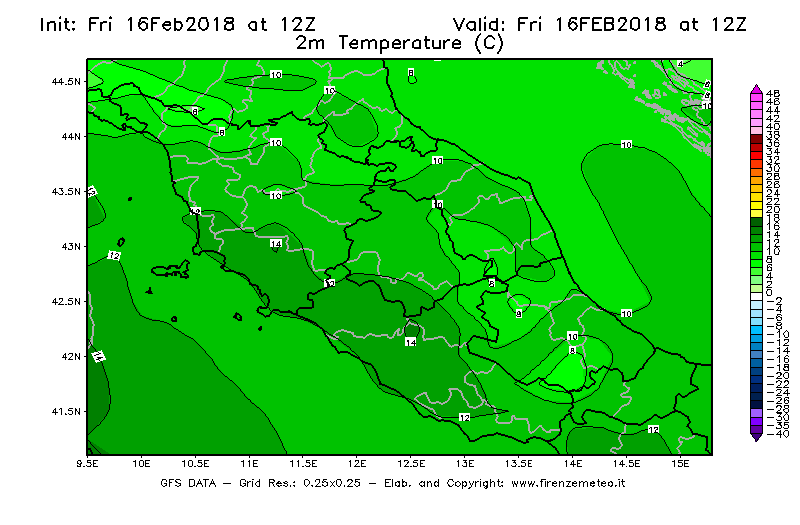 Mappa di analisi GFS - Temperatura a 2 metri dal suolo [°C] in Centro-Italia
							del 16/02/2018 12 <!--googleoff: index-->UTC<!--googleon: index-->