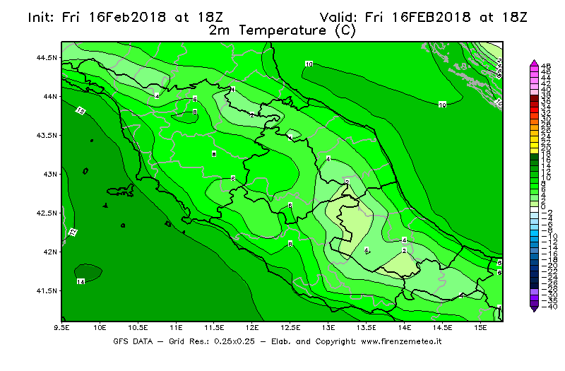 Mappa di analisi GFS - Temperatura a 2 metri dal suolo [°C] in Centro-Italia
							del 16/02/2018 18 <!--googleoff: index-->UTC<!--googleon: index-->