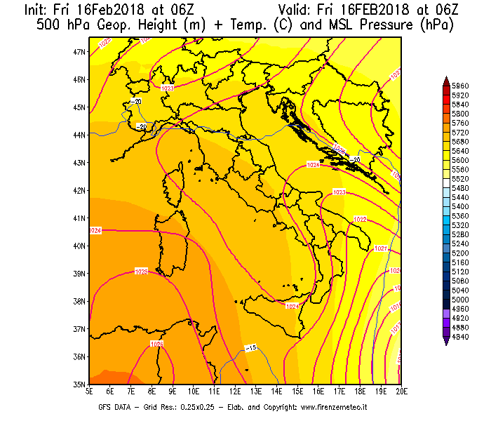 Mappa di analisi GFS - Geopotenziale [m] + Temp. [°C] a 500 hPa + Press. a livello del mare [hPa] in Italia
							del 16/02/2018 06 <!--googleoff: index-->UTC<!--googleon: index-->