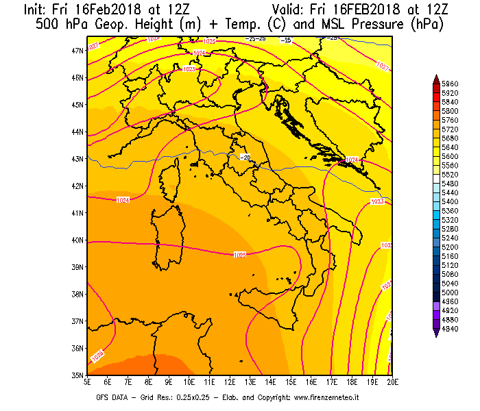 Mappa di analisi GFS - Geopotenziale [m] + Temp. [°C] a 500 hPa + Press. a livello del mare [hPa] in Italia
							del 16/02/2018 12 <!--googleoff: index-->UTC<!--googleon: index-->