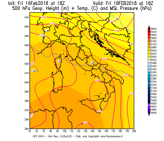 Mappa di analisi GFS - Geopotenziale [m] + Temp. [°C] a 500 hPa + Press. a livello del mare [hPa] in Italia
							del 16/02/2018 18 <!--googleoff: index-->UTC<!--googleon: index-->