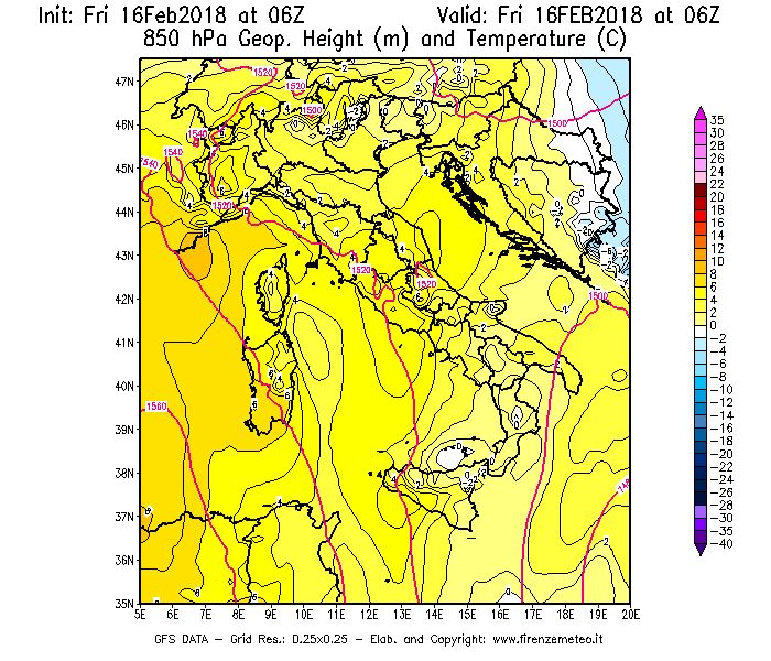 Mappa di analisi GFS - Geopotenziale [m] e Temperatura [°C] a 850 hPa in Italia
							del 16/02/2018 06 <!--googleoff: index-->UTC<!--googleon: index-->