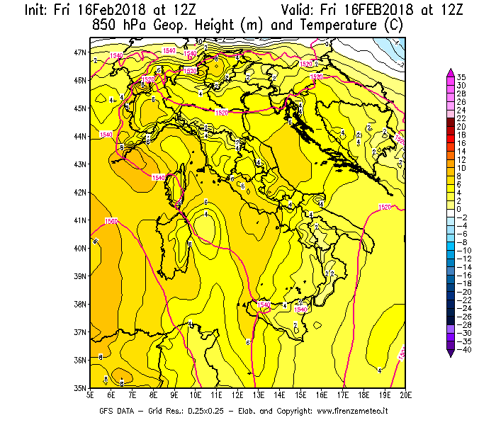 Mappa di analisi GFS - Geopotenziale [m] e Temperatura [°C] a 850 hPa in Italia
							del 16/02/2018 12 <!--googleoff: index-->UTC<!--googleon: index-->
