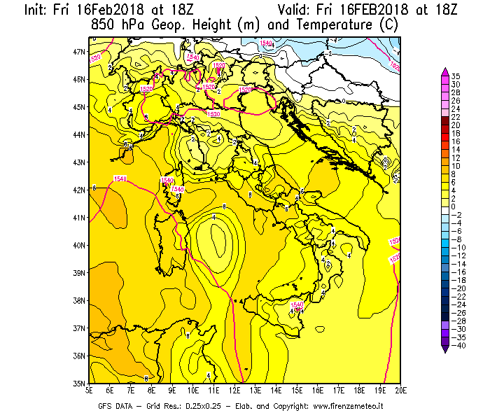Mappa di analisi GFS - Geopotenziale [m] e Temperatura [°C] a 850 hPa in Italia
							del 16/02/2018 18 <!--googleoff: index-->UTC<!--googleon: index-->