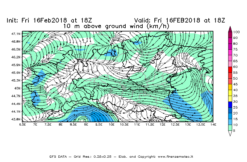 Mappa di analisi GFS - Velocità del vento a 10 metri dal suolo [km/h] in Nord-Italia
							del 16/02/2018 18 <!--googleoff: index-->UTC<!--googleon: index-->